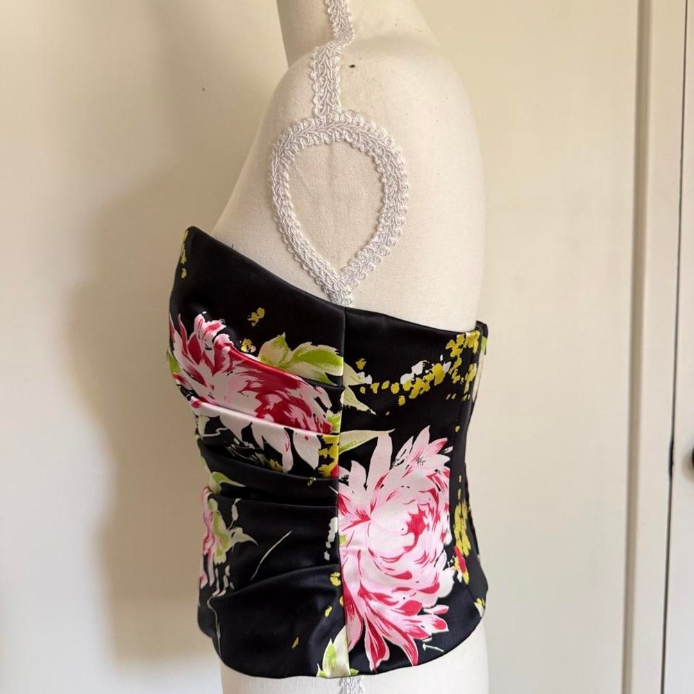 Kay Unger whimsygoth silk black floral corset top with pink & green flowers - Picture 3 of 5